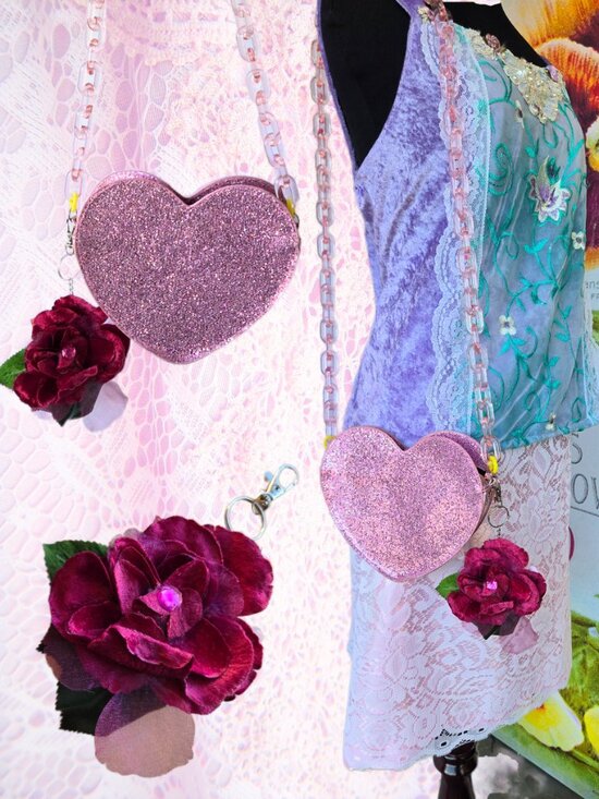Handbags - Pink Glitter Shoulder Bag Velvet Millinery Keychain Y2k-Style Coquette-inspo